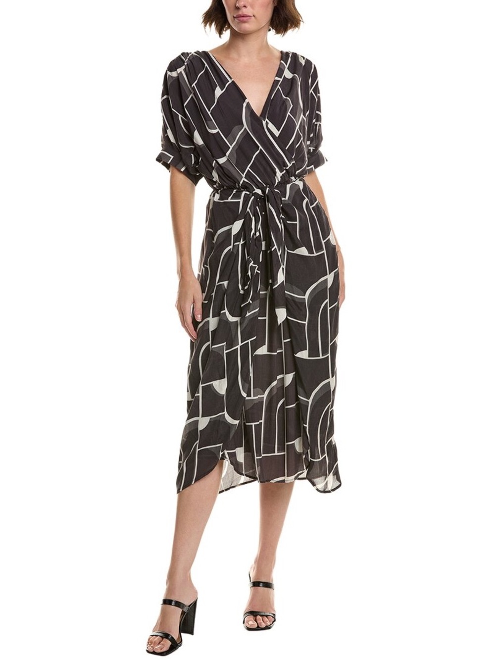 Velvet by Graham & Spencer Midi Dress Geometric Faux Wrap Gray Size L NWT
